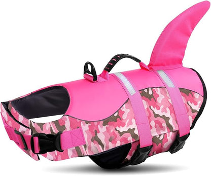 Dog Life Jacket Ripstop Dog Shark Safety Vest Adjustable Preserver with High Buoyancy and Durable Rescue Handle for Small,Medium,Large Dogs, Pink Camouflage Large
