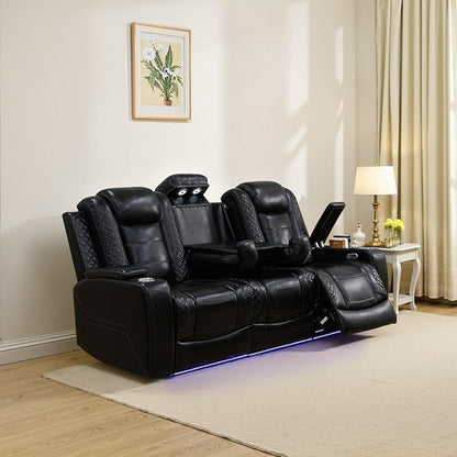 Caberryne Power Recliner Sofa with LED Lights,Leather Reclining Couch with Double Recliner/USB Port/Coffee Table/Cup Holder for House/Home Theater(3 Seater Sofa,Black)