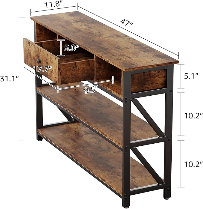 Mexin Console Table with Drawer Shelves, Entryway Table with 3 Tier Storage Shelves, Industrial Wood Hallway Sofa Table for Living Room, Couch, Foyer, Kitchen Counter, 47 Inch Rustic Brown