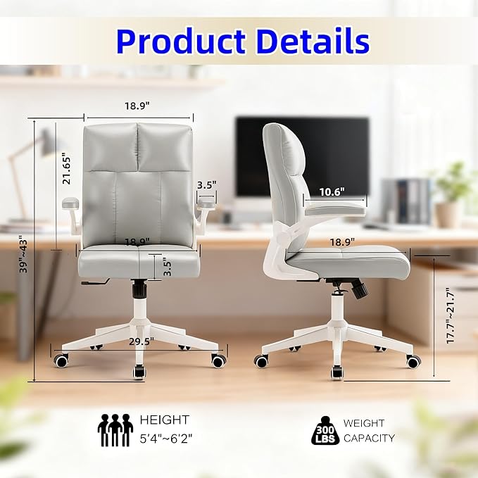 Ergonomic Home Office Desk Chair with Space Saving Flip-Up Arms, 360° Swivel & Reclining Back, Executive Chair in Soft Faux Leather Chair Multi-Angle from 90° to 135° with 450LBS Capacity（Gray）