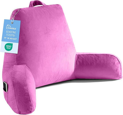 OAISZ Reading Pillow for Sitting in Bed Adult, X-Large Reading Pillow with Shredded Memory Foam, Back Pillow for Sitting Up with Extend Arms, Pockets, Bed Pillow with Washable Cover, Rose Red