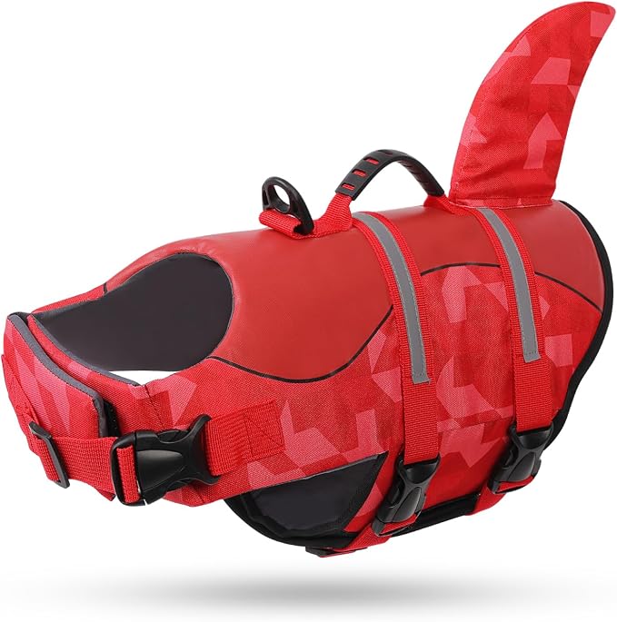 Shark Dog Life Jacket, LifeVests for Boating, High Buoyant Dog Life Vest for Swimming, Adjustable Easy On Pet Jackets for Small, Medium, Large Dogs (Red Triangle,XL)