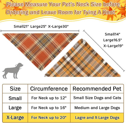 Vivifying Halloween Dog Bandanas, 2 Pack Thanksgiving Fall Classic Plaid Dog Scarf with Tassels Edges, Funny Pet Apparel & Accessories Costume for Photo Prop, and Party Decor (X-Large, Yellow&Orange)