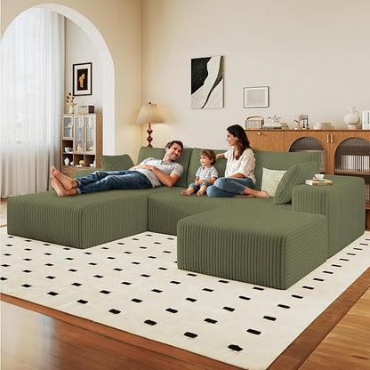 96" U-Shape Cloud Couch, Modern Modular Sectional L-Shape Sofa with Ottoman, Corduroy Upholstered Couches Deep Seat Sleeper Chaise Longue for Living Room, No Assembly Required(Green, Left Facing)