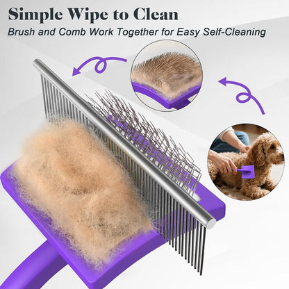 2PCS Slicker Brush for Dogs & Pet Comb,Professional Dog Grooming Brush (Goldendoodles,Poodles,Labradoodles) with Extra Long Pins to Effectively Remove Tangles, Knots and Mats (Purple)