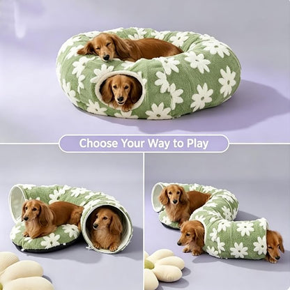 2026 New Tunnel Bed for Dachshund Dog,Dachshund Tunnel Bed - Flower Design Plush Foldable Dog Bed,Cat TunnelBed for Indoor Cats Tunnel Donut with Cushion and Play Ball,2 in 1,Detachable (C)