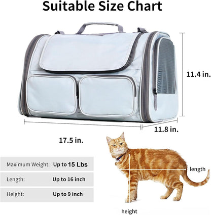 FUKUMARU Cat Carrier, Soft-Sided Small Dog Carrier, Large Cat Travel Bag with 4 Mesh Windows, Under 15 lb Airline Approved Pet Carrier with 4 Storage Pockets, Rollable Cover for Nervous Cats, Grey