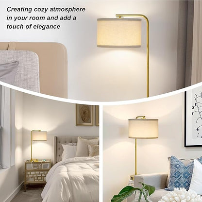 Fully Dimmable Bedside Lamp with C+A USB Ports, Mordern Gold Nightstand Lamp Desk Reading Lamp with Beige Drum Shade, Tall Side Table Lamp for Living Room Bedroom Office, 9W LED Bulb Included