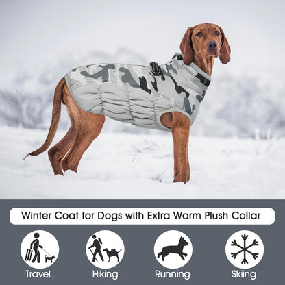 FUAMEY Dog Coat for Large Dogs,Waterproof Dog Winter Jacket with Harness Built in Puppy Cold Weather Coats Reflective Pet Vest with Zipper Warm Fleece Dogs Snowsuit Windproof Grey Camo XXL
