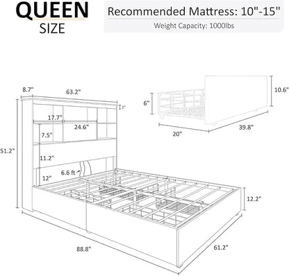 AMERLIFE Queen Size Bed Frame Wooden Platform Bed with 51.2" LED Storage Bookcase Headboard, 4 Storage Drawers & Charging Station/No Box Spring Needed/Noise Free/Rustic Grey