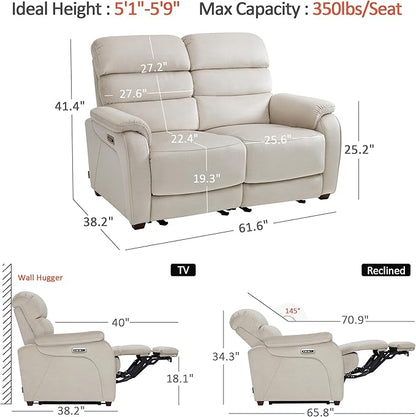 MCombo 61.6'' Wall Hugger Power Loveseat Recliner, Reclining Loveseat with Adjustable Headrest, USB Charge Ports, Wood Legs for Living Room, RVs, Small Spaces, Fabric ST258M1 (Loveseat, Beige)