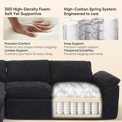 YAAREE 105.6”L Shape Modular Sectional Couch for Living Room, Modern Cloud Sectional 3 Seat Sofa with Oversized Chaise, Woven Texture Upholstery Boneless Couch (Black, Left Facing Chaise)