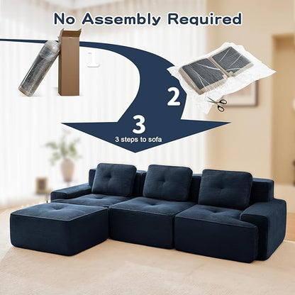 115" Modern Corduroy Cloud Sofa with Ottoman, L Shaped Boneless Modular Large Sectional Couches for Living Room, Blue 3 Seater Compressed Memory Foam Couch, Extra Deep Seat, No Assembly