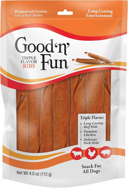Good ‘n’ Fun Triple Flavor Ribs Chews for All Dogs, 4 Ounces, Treat Your Dog to Long-Lasting Chews Made with Beef Hide, Chicken and Pork Hide