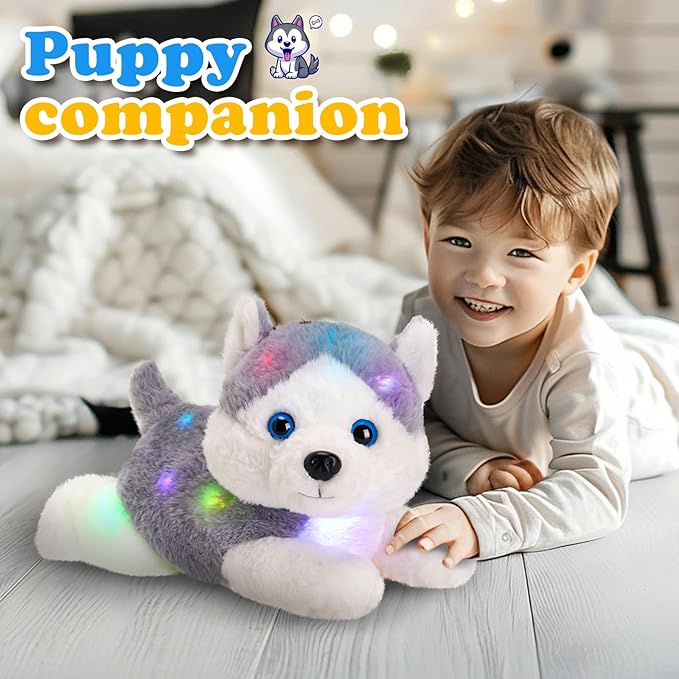 Houwsbaby 13'' Gray Light Up Husky Stuffed Animal Dog Soft Plush Night Light Puppy Toy Hugging Pillow Companion Holiday Christmas Birthday Present for Kids Boys Girls Toddlers