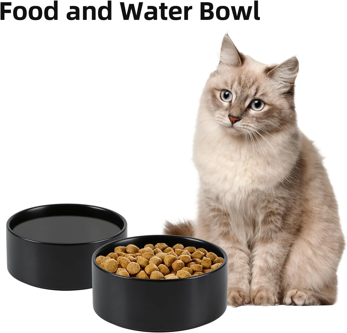 Ceramic 5.1inch Set of 2 Dog and Cat Bowls, Food and Water Feeder for Small Breed Dogs, Kitty, Cats, 2pcs Dog & Cat Dishes(2 Bowls, Black)
