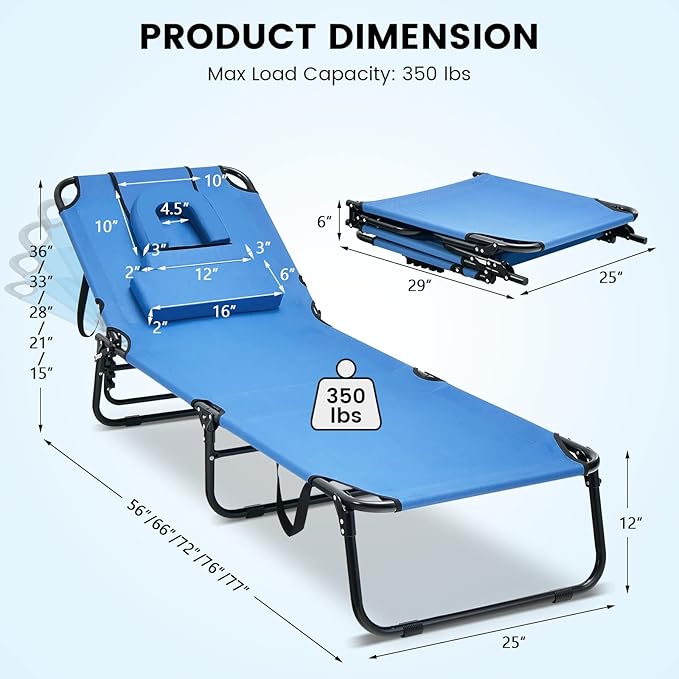 GYMAX Tanning Chair, 350lbs Beach Lounge Chair with Face Hole, Washable Pillow & Carry Strap, Adjustable Folding Chaise Lounge, Layout Lounger for Outside, Patio, Poolside, Lawn (1, Blue)