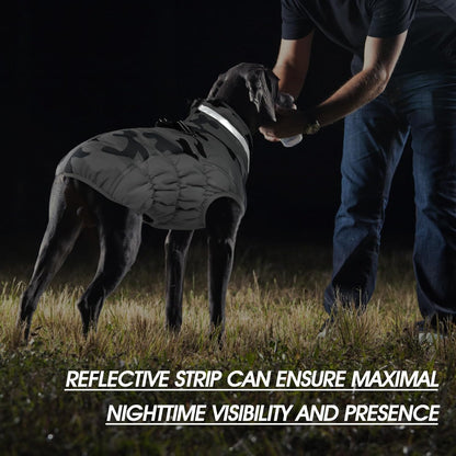 FUAMEY Dog Coat for Large Dogs,Waterproof Dog Winter Jacket with Harness Built in Puppy Cold Weather Coats Reflective Pet Vest with Zipper Warm Fleece Dogs Snowsuit Windproof Grey Camo XXL