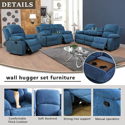 A Ainehome Recliner Sofa Set Living Room Furniture Set Manual Reclining Sofa Loveseat Chair Sectional Couch for Living Room/Home (A-Blue Microfiber, Sofa+Loveseat)