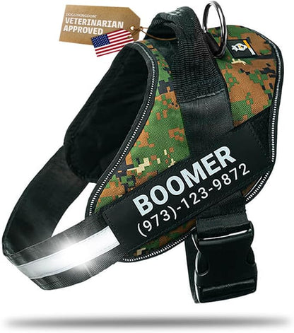 Personalized Dog Harness with Custom Name Patches, Adjustable Reflective No Choke Dog Vest with Handle for Small Dogs and Growing Puppy, Military Green, XS