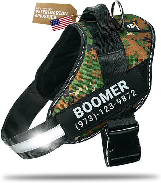 Personalized Dog Harness with Custom Name Patches, Adjustable Reflective No Choke Dog Vest with Handle for Large Dogs, Military Green, L