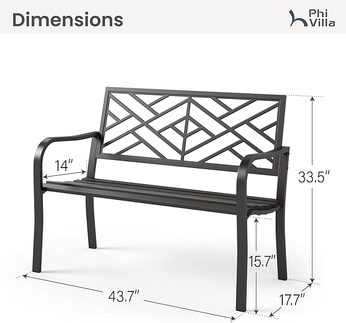 PHI VILLA 43 Inch Cast Iron Steel Frame Outdoor Garden Bench, Patio Furniture Chair Bench w/Line Pattern Design Backrest, Slatted Seat for Park, Yard, Porch - Black