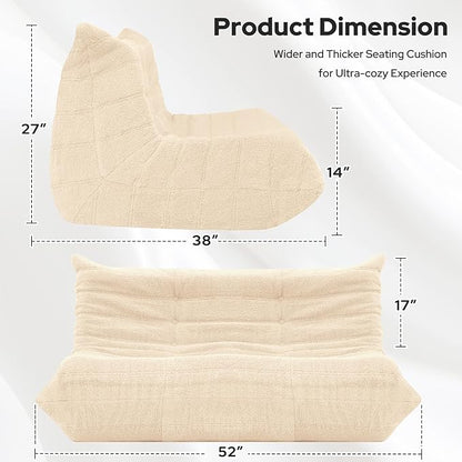 HABUTWAY Bean Bag Chairs Fireside Lazy Floor Sofa, Soft Teddy Fleece 2 Seater Sofa with High-Resilience Foam Filling，Beanbag for Living Room, Bedroom, Office (Khaki Teddy)