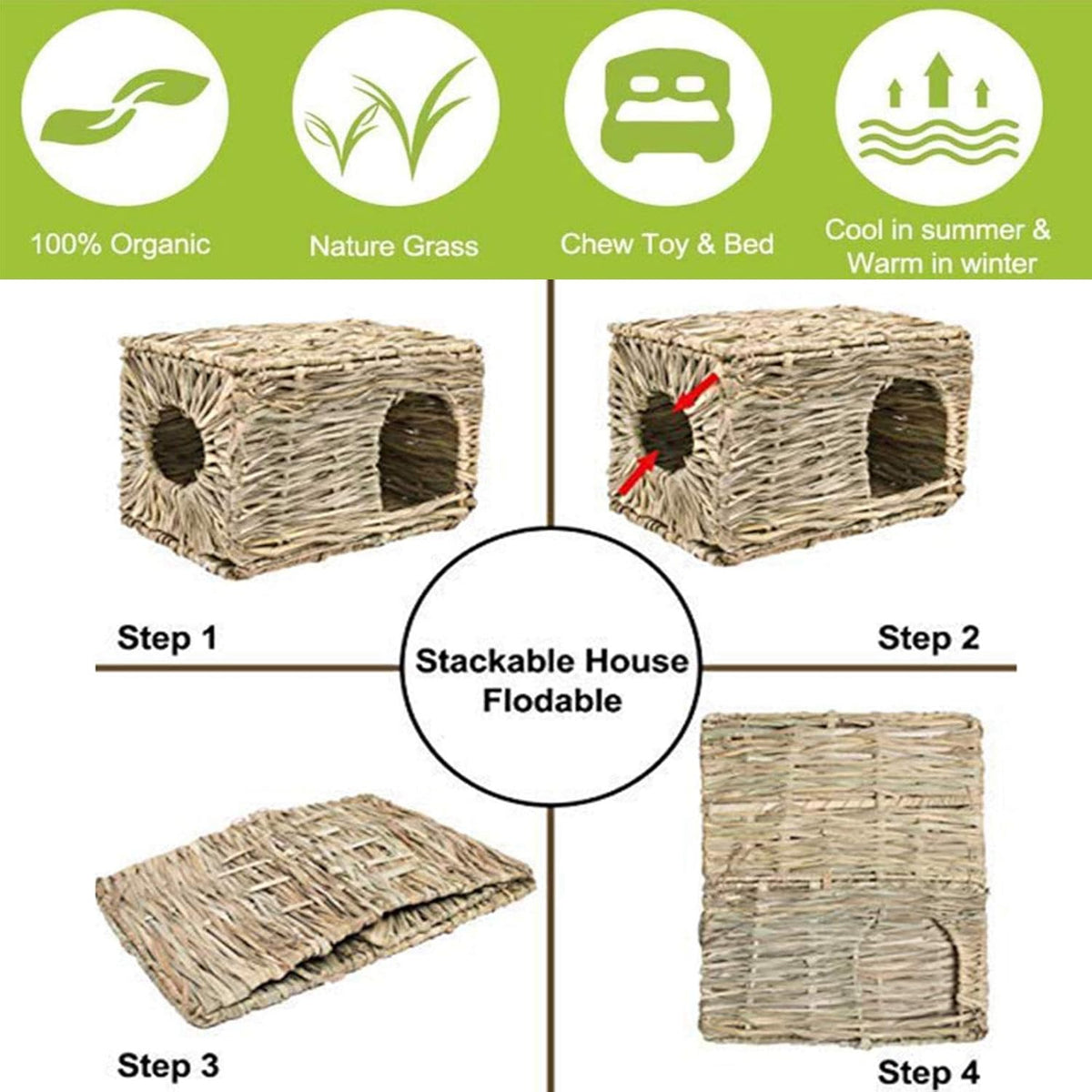 kathson 2 Pcs Rabbit Grass House Natural Foldable Hand Woven Seagrass Bed Carrot Hay Toy Hut Safe Comfortable Playhouse with Bunny Chew Toys for Bunny Hamster Guinea Pig Chinchilla Ferret