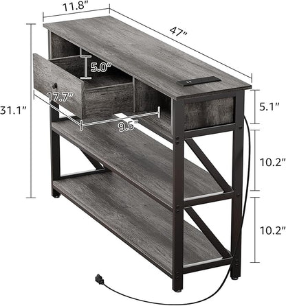 Mexin Console Table with Outlets and USB Ports, Entryway Table with Drawer Storage Shelves, Industrial Wood Hallway Sofa Table for Living Room, Couch, Foyer Table, 47 Inch Grey Oak