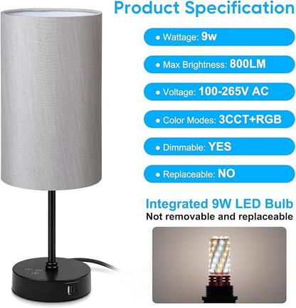 Unicozin 17Inch Table Lamp, 3 CCT 3000K/4500K/6500K & RGB Color Changing, Stepless Dimmable Bedside Lamp for Reading, Ambience Nightstand Light for Home Decor Party, Grey Shade