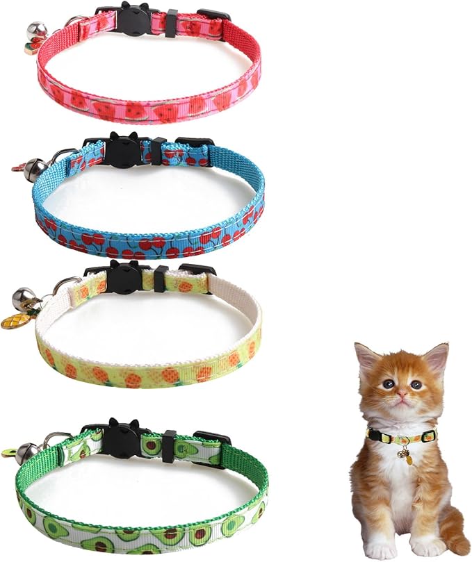 4 Pack Breakaway Cat Collar with Bell,Safety Adjustable Cat Collars Set with Fruit Pattern,Ideal for Girl Cats Boy Cats
