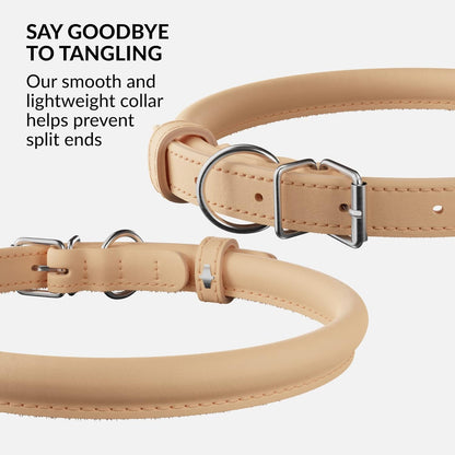 CollarDirect Rolled Leather Dog Collar, Soft Padded Round Puppy Collar, Handmade Genuine Leather Collar Dog Small Large Cat Collars 13 Colors (13-16 Inch, Beige Smooth)