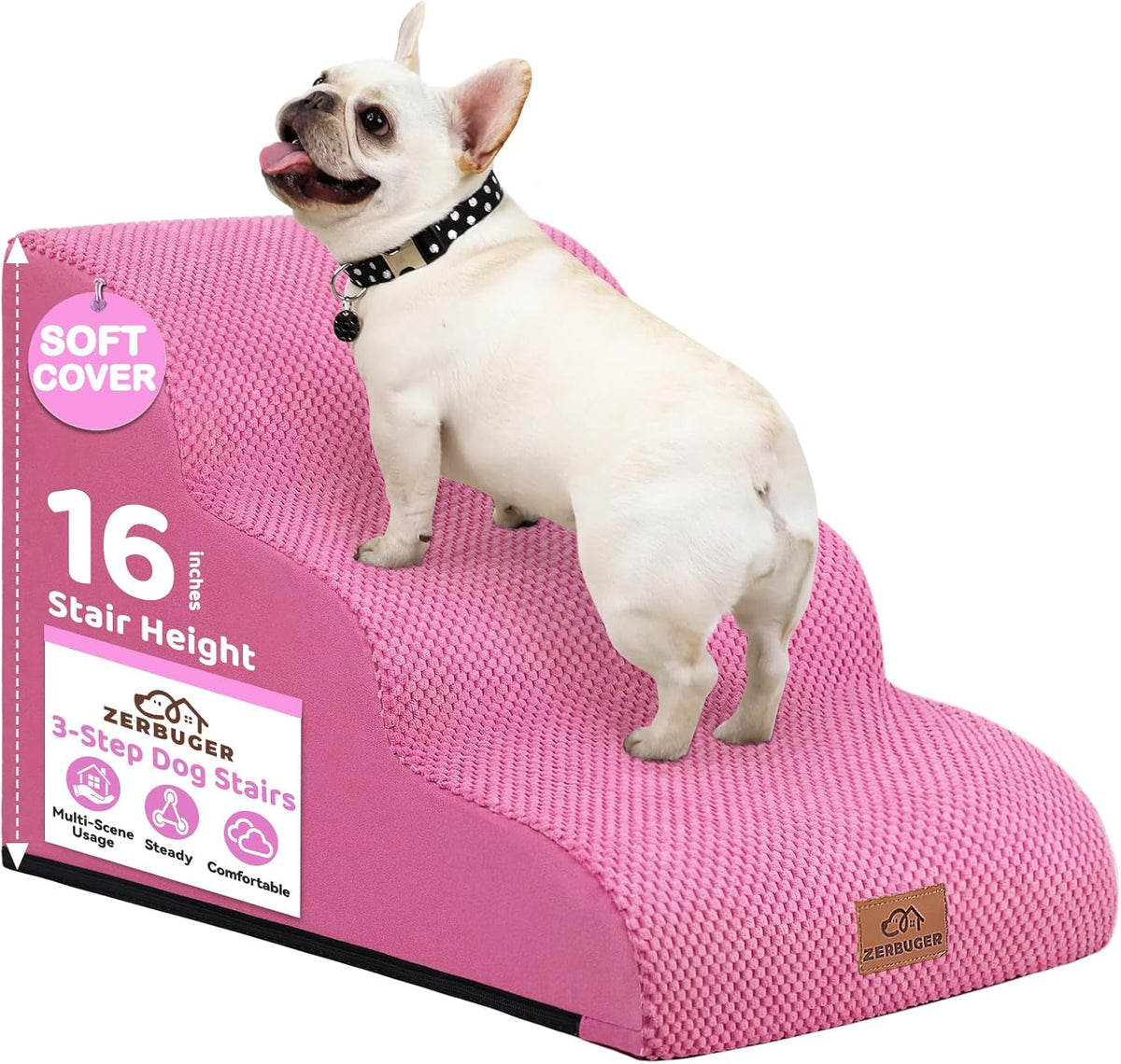 Dog Ramp and Stair for Bed 16" H-20 H,3-Step Cat Stair for Sofa and Chair,4-Step Dog Ramp for High Bed and Window,Durable Nonslip Fabric Cover for Indoor (Pink-16 H, Pet Friendly, 3)
