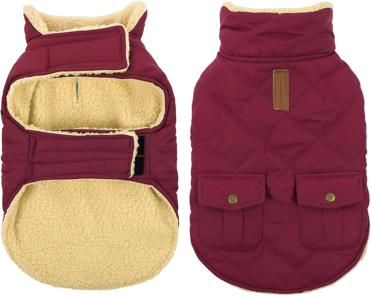 Queenmore Dog Winter Coat Warm Puffer Jacket Waterproof Plush Lining Thermal Cold Weather Vest for Small Medium Large Dogs, Windproof Easy On Pet Jacket Burgundy XL