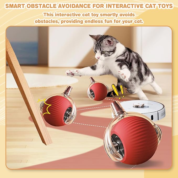 Interactive Cat Toys for Indoor Cats, Rechargeable 360° Automatic Moving Cat Toy for Bored Indoor Adult Cats, 2025 Upgraded Chase Motion Activated Kitten Toys - Red