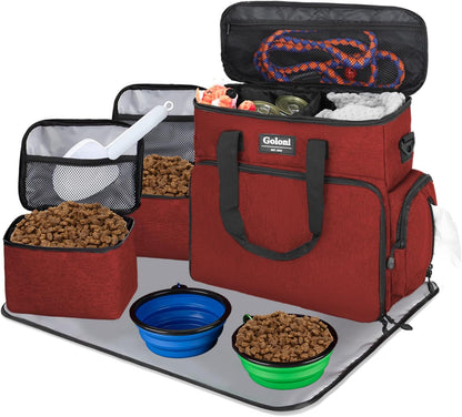 Dog Travel Bag Airline Approved–Pet Travel Tote with Collapsible Bowls,Food Containers & Feeding Mat–Multi-Pocket Organizer for Dogs & Cats, Durable & Water-Resistant for Hiking,Trips,Outdoors