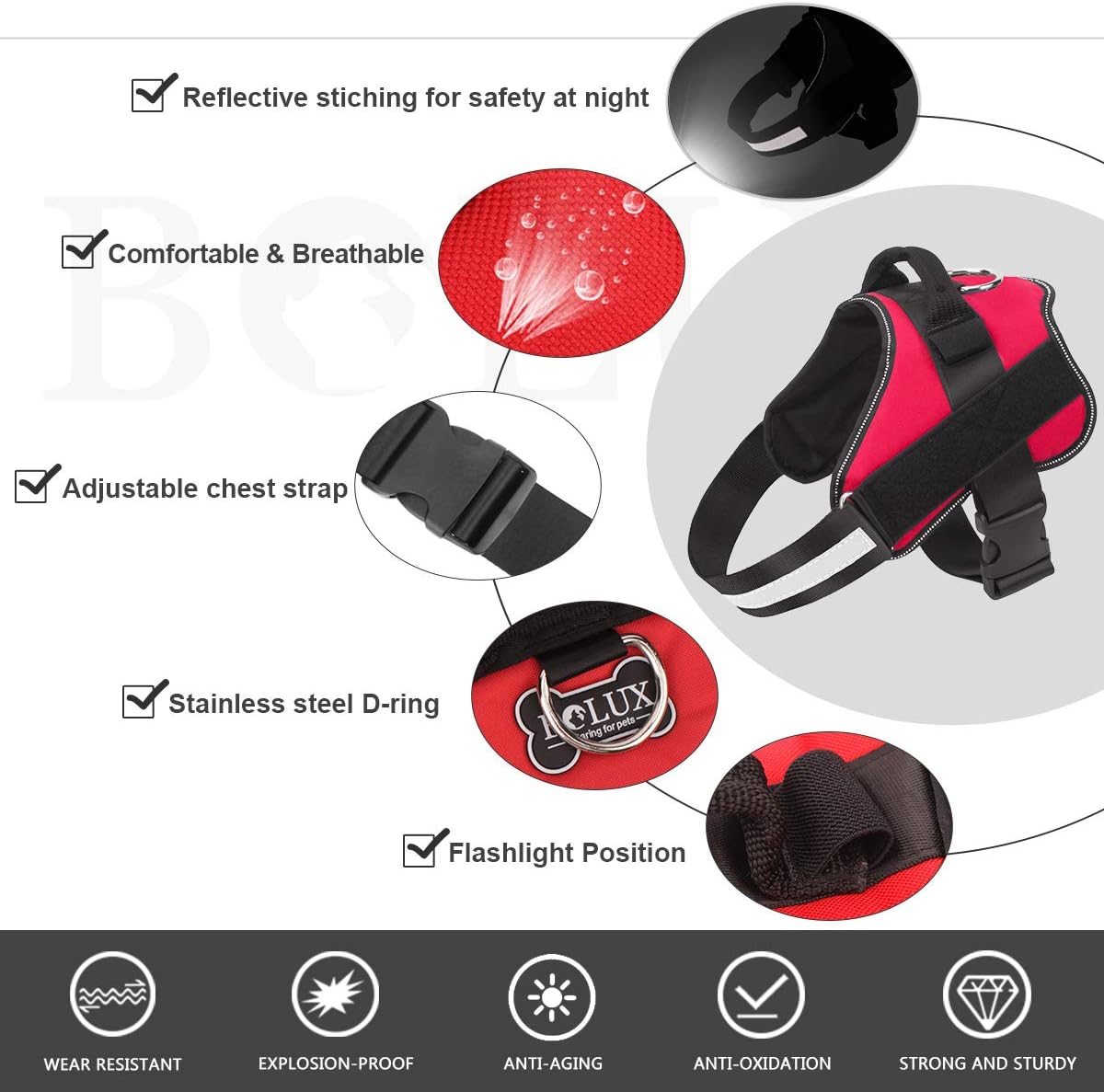 Bolux Dog Harness, No-Pull Reflective Dog Vest, Breathable Adjustable Pet Harness with Handle for Outdoor Walking - No More Pulling, Tugging or Choking (Red, M)