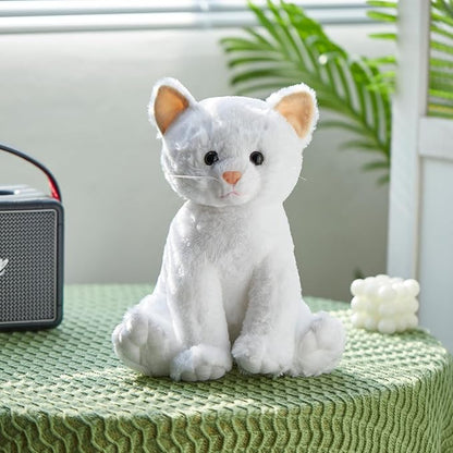 Houwsbaby 12'' White Musical Light Up Cat Stuffed Animal Kitty Plush Toy Singing LED Glowing Cat Plush Toy Christmas Festival Birthday Presents for Kids Girls Boys