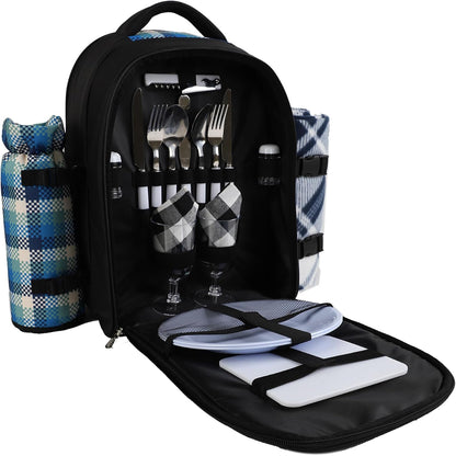 apollo walker Picnic Backpack Bag for 2 Person with Cooler Compartment, Detachable Bottle/Wine Holder, Fleece Blanket, Plates and Cutlery Set