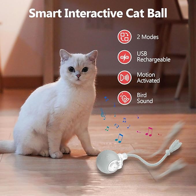 Interactive Cat Toys, Automatic Moving Cat Toy for Bored Indoor Adult Cats, Fast Rolling , Chirping & Motion-Activated Cat Toys, Fun Gift for Cats with Speedy Tail 2.0, USB Rechargeable(gray)
