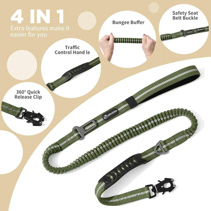 Heavy Duty Tactical Bungee Dog Leash, 4-6FT Shock Absorbing Tactical Dog Leash with 2 Padded Handles, Metal Carabiner Clip, Car Seatbelt, Reflective for Medium Large Dogs (ArmyGreen)