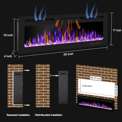 50" Electric Fireplace Wall Mounted and Recessed
