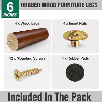 FoDau770 Brown Rubber Wood Furniture Legs 6 Inches, Straight Tapered Wood Feet Mid Century Sofa Legs Set of 4, 5/16" UNC Furniture Feet for Cabinet Couch Dresser Chair Ottoman Table