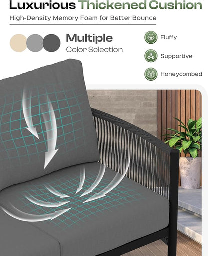 Aluminum Outdoor Patio Furniture Set, HDPE Rope 4 Piece Modern Sectional Conversation Sets with Dual-Layer Coffee Table, All Weather Patio Couch Set with Thick Cushions, Gray Frame, Charcoal
