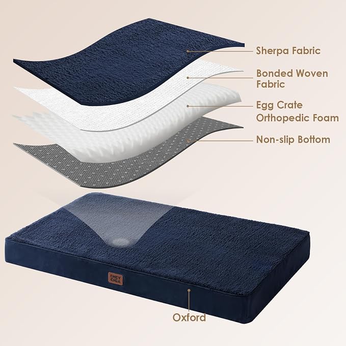 EHEYCIGA Orthopedic Dog Bed Large with Removable Washable Cover, 36IN Navy | Egg Crate Foam Support, Durable Oxford fabric, Non-Slip Bottom, Machine Washable, Soft Waterproof Plush Pet Bed Mat For Crate
