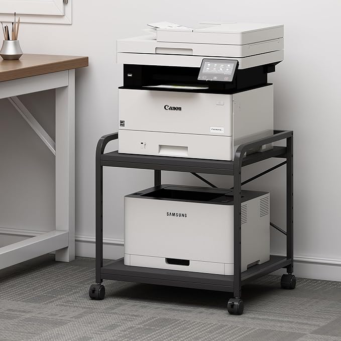 Fannova 2 Tier Under Desk Printer Stand with Storage, 20 Inches Deep Large Printer Table with Height Adjustable Shelf, Rolling Printer Cart with Wheels for Home Office - Black