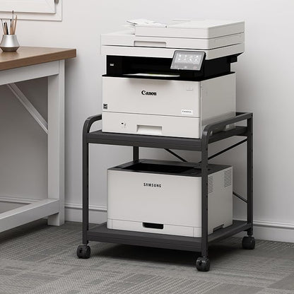 Fannova 2 Tier Under Desk Printer Stand with Storage, 20 Inches Deep Large Printer Table with Height Adjustable Shelf, Rolling Printer Cart with Wheels for Home Office - Black