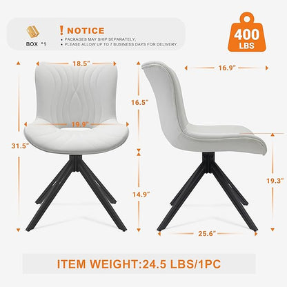 VATROS Dining Chairs Set of 2, 360° Swivel Upholstered Mid-Century Modern Kitchen Dining Room Chairs, Armless Faux Leather Accent Side Chair with Padded Back, Metal Legs for Living Room Bedrooms White