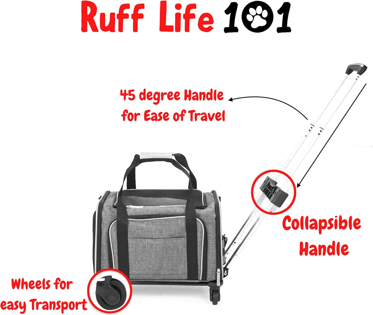 Airline Approved Expandable Premium Pet Carrier on Wheels- Two Sided Expandable Rolling Carrier- Designed for Dogs & Cats- Extra Spacious Soft Lined Carrier! (Grey)