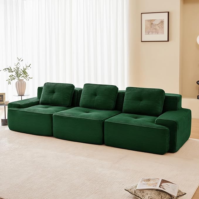 115" Modern Corduroy Cloud Sofa, Boneless Modular Large Sectional Couches for Living Room, Green 3 Seater Compressed Memory Foam Couch, Extra Deep Seat, No Assembly
